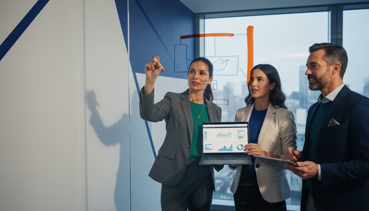 Equipo trabajando con un panel de datos en un portátil junto a una pizarra de cristal